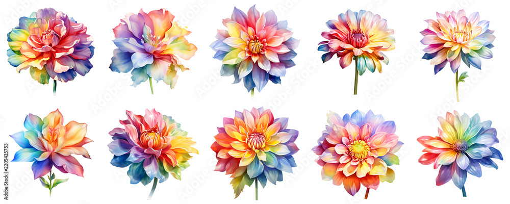 Obraz premium Elegant watercolor dahlia blossoms with colorful petals arranged against a dark backdrop
