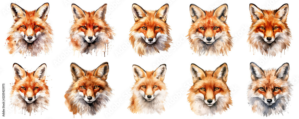 Fototapeta premium Watercolor fox head seamless pattern shows orange, brown and white animal in a repeating design