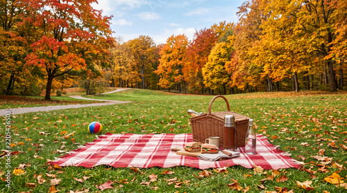 紅葉の公園に広げられた家族のピクニックセット