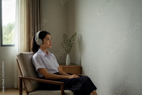 Southeast Asian student wearing headphones in a school sensory room quiet corner
