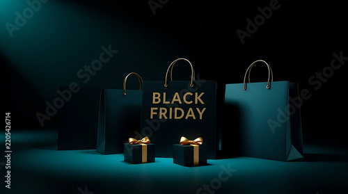 Black Friday shopping bags with gift boxes during a dramatic spotlight on a dark teal background