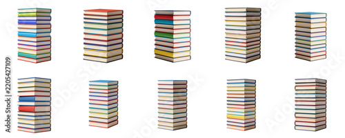 Ten stacks of colorful books standing tall on a black background are presented