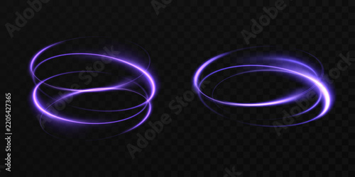 Set of magical purple light waves featuring smooth curves, a bright glow, and a dynamic energy trail, isolated on a transparent background.