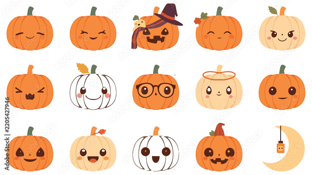 Obraz premium Cute Halloween Pumpkin Vector Set Jack O Lantern Expressions Witch Hat Glasses and Angel Pumpkin Clipart