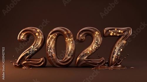 Double exposure concept of 3D numbers 2027 made of glossy liquid chocolate blended with a magical winter holiday forest background.
