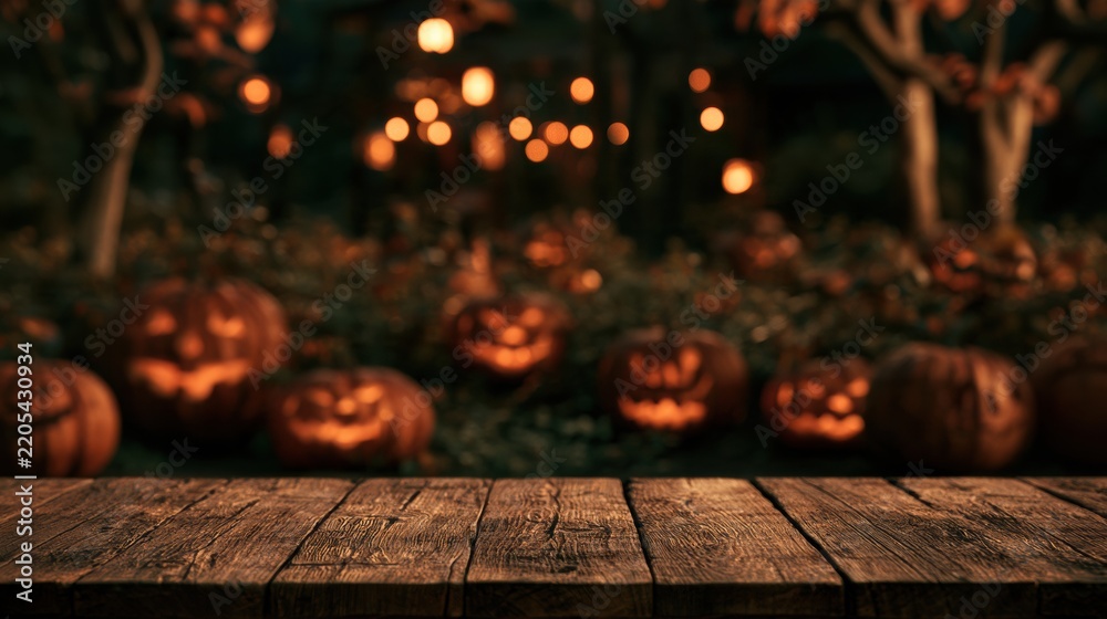 Obraz premium Wooden table surface is empty in the front, while behind it, jack-o-lanterns glow in a garden setting on Halloween night.