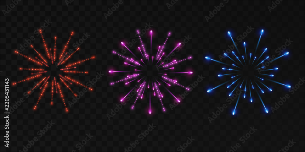 Obraz premium Vibrant, festive fireworks display featuring multicolored bursts, glowing particles, and sparkling light effects against a dark background.