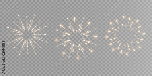 Set of golden fireworks featuring shimmering sparks, bright flashes, and festive pyrotechnic effects.