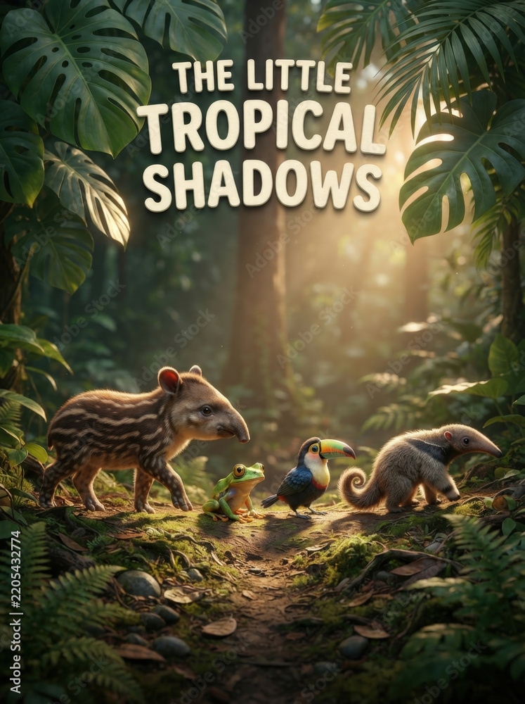 Obraz premium Little tropical shadows featuring baby tapir frog toucan and anteater in dense jungle for exotic wildlife storybook background.