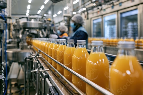 Industrial juice bottling line with clear bottles moving through a sanitary production plant
