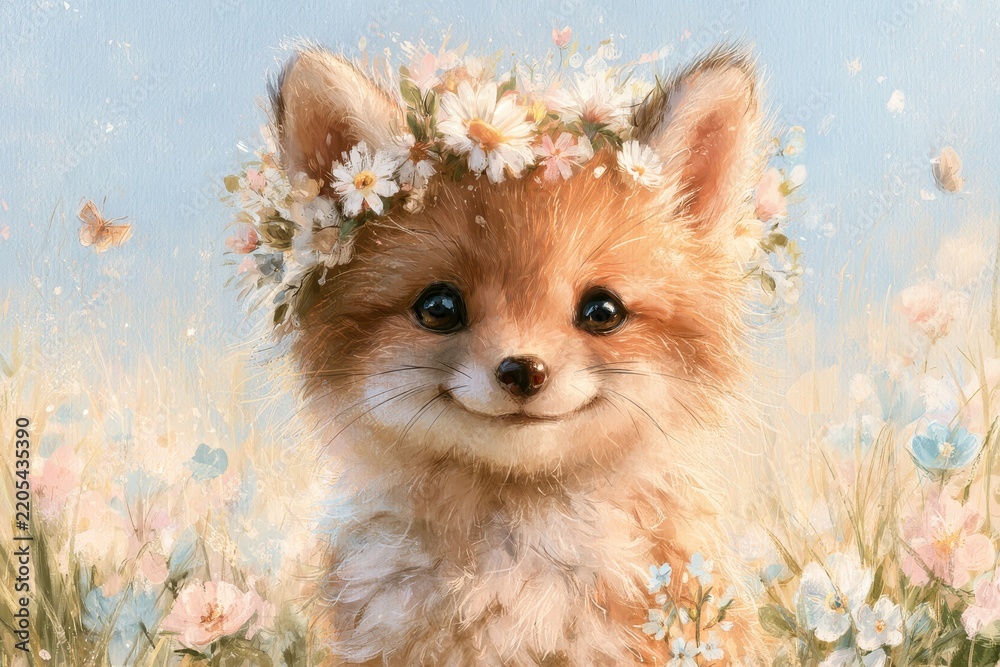 Fototapeta premium Adorable fox cub with floral crown in pastel spring garden, gentle storybook illustration for kids