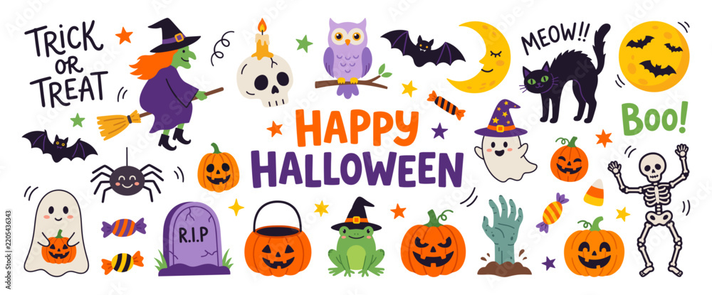 Fototapeta premium Happy Halloween banner and set with pumpkin witch ghost and skeleton