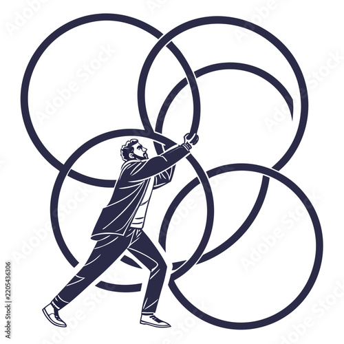 Stylized graphic illustration of a man pushing large intersecting circular
