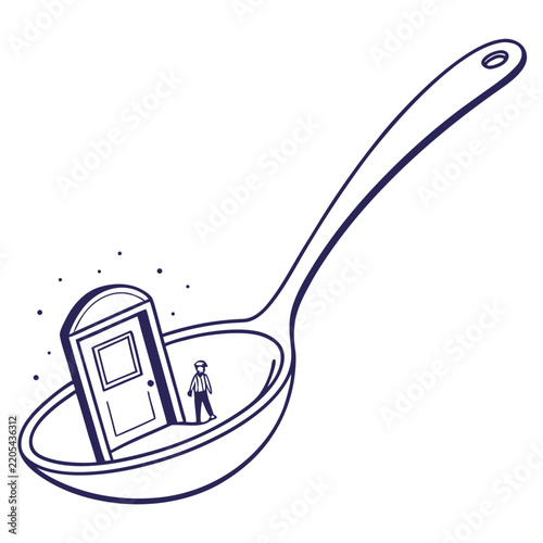 Surreal line art illustration of a tiny man standing next to a small door