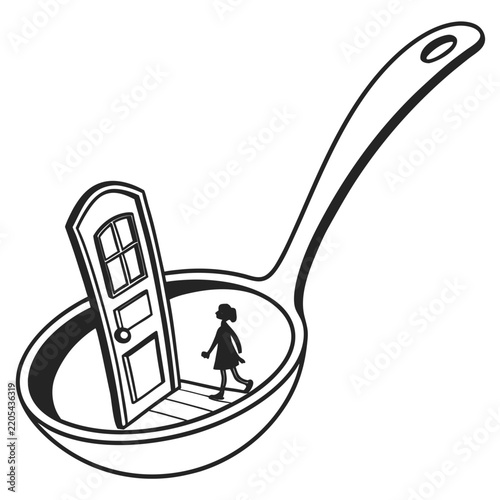 Surreal vector illustration of a tiny woman walking towards a small wooden
