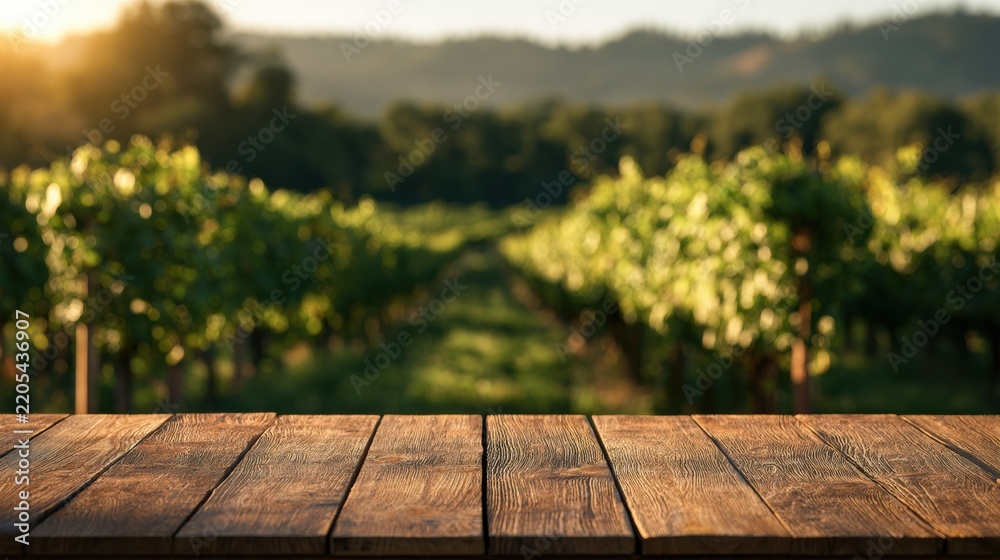 Fototapeta premium Empty wooden table surface in front of blurred green vineyard rows under warm golden light in summer. Space for product display is available.
