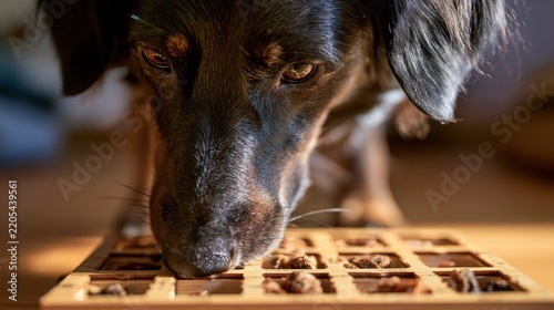 Close-up of a focused dog solving a brain-training puzzle to find dried treats
