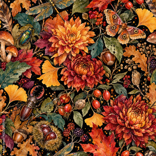 Seamless Autumn Floral and Insect Pattern