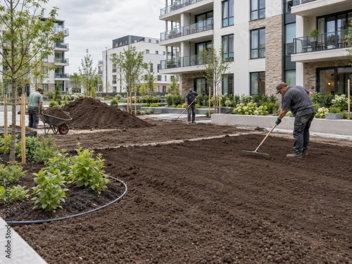 Workers prepare soil in a residential landscape area for planting and gardening activities during daytime in a modern apartment complex