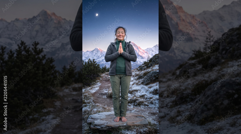 Obraz premium Woman standing in meditation pose with hands in prayer on snowy mountain path at night