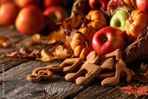 Autumn Thanksgiving Still Life: cornucopia with apples, pumpkins, leaves and musical gingerbread on rustic wood