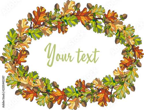 Stained-glass style oval wreath of autumn oak leaves and acorns with an empty center