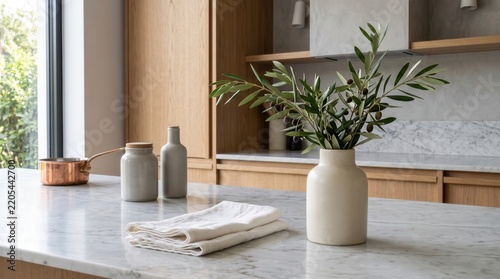 A serene kitchen scene featuring a vase with greenery on a marble countertop