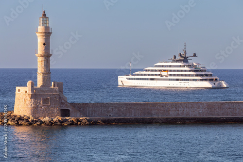 Venetian Lighthouse and Luxury Yacht in Chania, Crete, Greece