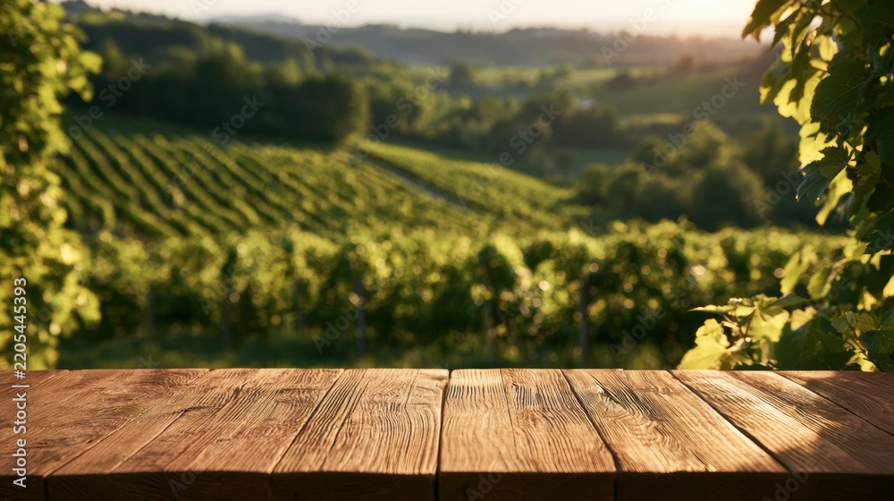 Obraz premium Empty wooden table surface is in foreground with blurred vineyard rows in background under warm golden afternoon light during summer.