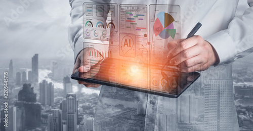 Professional in White Coat Analyzing Data on Digital Tablet with Infographics and Charts Over City Skyline Background. Sentient.