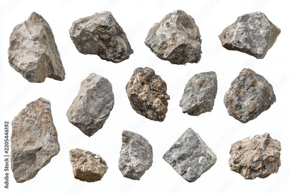 Obraz premium Collection of Twelve Natural Gray Rocks and Mineral Stones Isolated on White