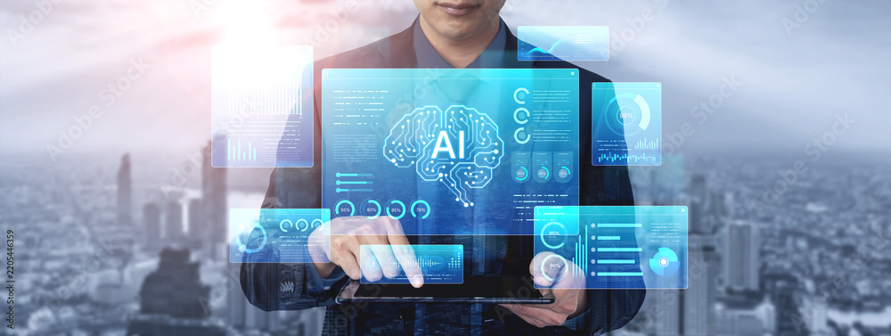 Obraz premium Comprehensive AI monitoring dashboard featuring neural network brain AI core surrounded by various AI data analytics widgets, charts, and voice recognition UI. AI High-tech data science. Corpus
