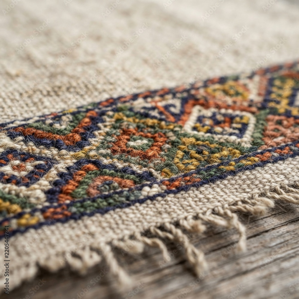 Fototapeta premium Woven linen table runner with ethnic geometric pattern home decor woven fabric geometric interior