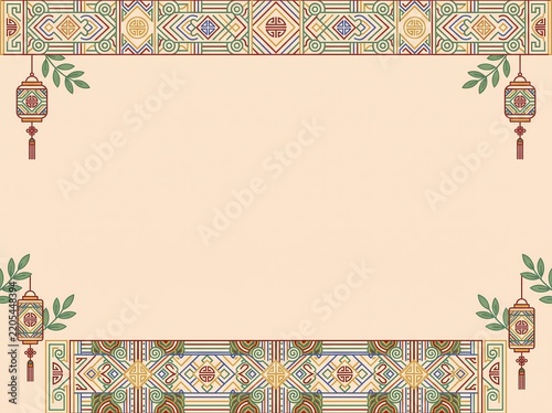 asian art frame border with lanterns and green leaf decor for card banner flyer poster design layout in retro oriental folk style blank copy space graphic print new year page.