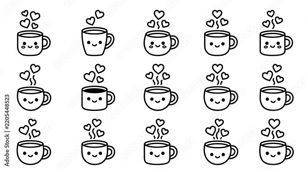 Fototapeta premium Cute Coffee Cups with Hearts and Steam.