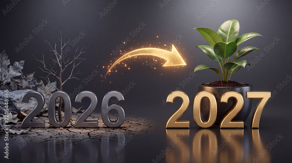Obraz premium Conceptual transition from year 2026 to 2027 with a metallic year on dry ground moving towards a golden prosperous 2027 with a lush green plant representing growth, renewal, and success.