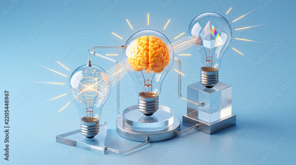 Obraz premium Conceptual 3D Illustration of Connected Light Bulbs Featuring a Human Brain, Optical Glass Prism, and Glowing Grid Sphere Representing Creative Thinking, Scientific Discovery, and Mental Logic