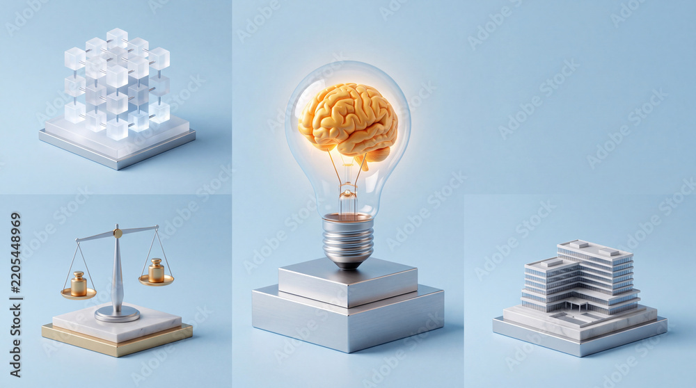 Obraz premium Conceptual composition of business and innovation elements including a glowing brain inside a lightbulb, a balance scale of justice, a modern office building model, and abstract data cubes.
