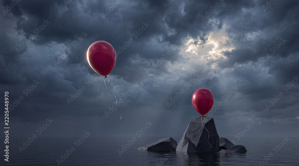 Obraz premium Surreal conceptual image featuring two red balloons over a dark ocean under a stormy sky, one balloon floating freely while the other is anchored to a rock, representing hope and restraint.