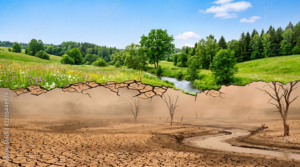 Obraz premium Conceptual split image illustrating the contrast between a lush green natural landscape and a parched dry desert with cracked earth, representing climate change and environmental crisis.