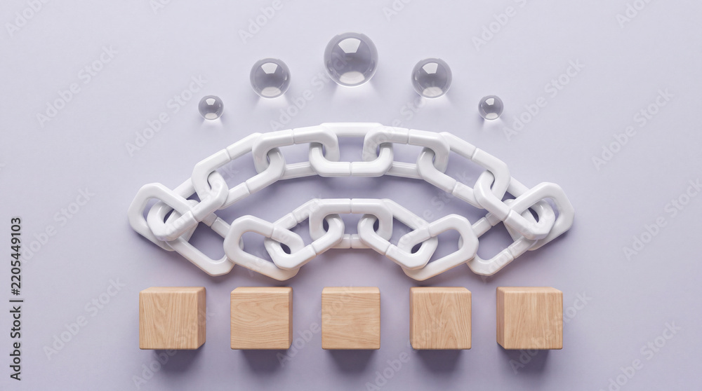 Obraz premium Abstract 3D Conceptual Composition Featuring White Interlocking Chains, Wooden Cubes, and Clear Glass Spheres on a Purple Background Representing Business Security, Blockchain, and Connectivity