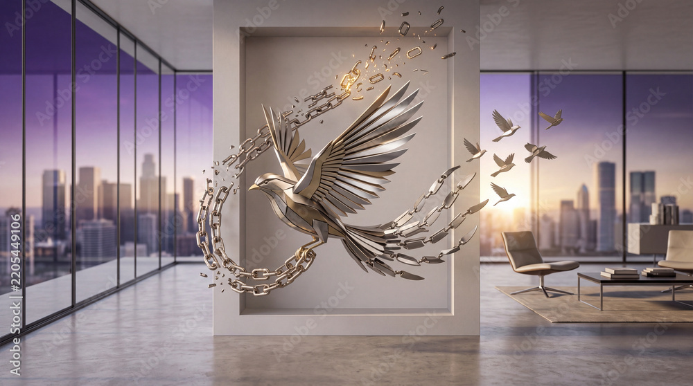 Obraz premium Conceptual 3D Illustration of a Metallic Bird Breaking Free from Metal Chains in a Modern Luxury Office Interior Overlooking a Cityscape at Sunset, Symbolizing Freedom and Business Liberation