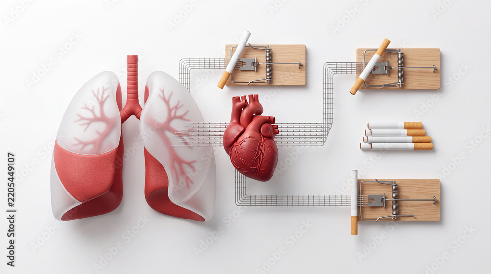 Obraz premium Conceptual 3D illustration of human lungs and heart connected by wires to cigarettes placed on mouse traps, symbolizing the dangerous health risks and addiction of tobacco smoking