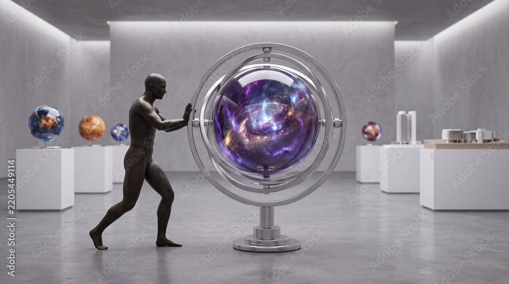 Obraz premium Futuristic Museum Exhibition Featuring a Bronze Humanoid Sculpture Pushing a Glass Celestial Globe Containing a Deep Space Nebula and Galaxy in a Minimalist Art Gallery Setting