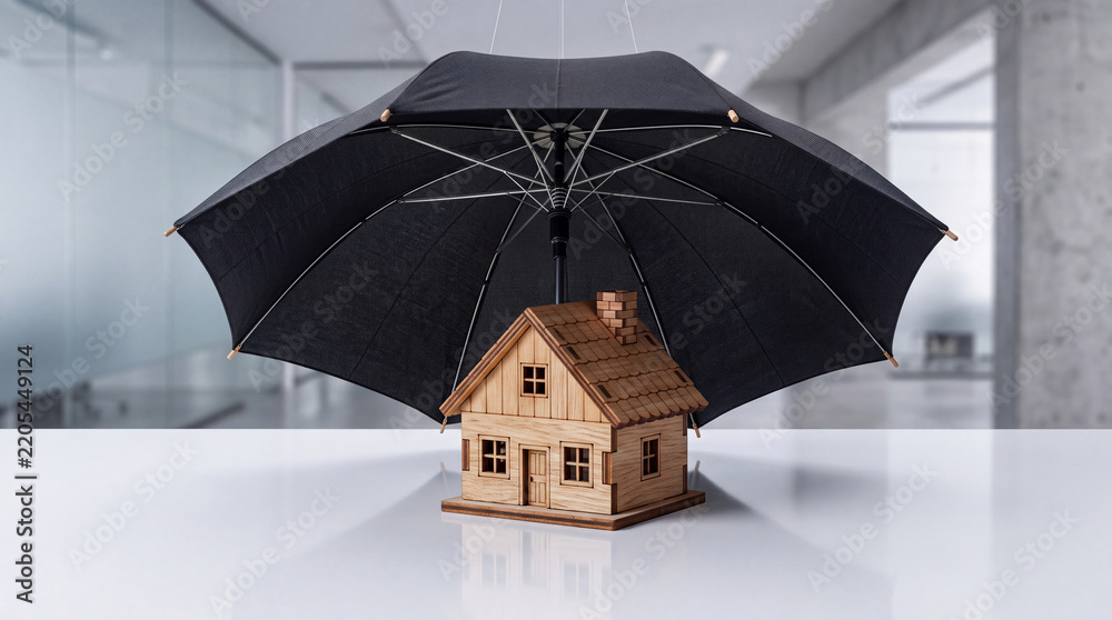 Obraz premium Small wooden house model protected under a large open black umbrella on a reflective white surface in a modern office, representing home insurance, property security, and financial safety.