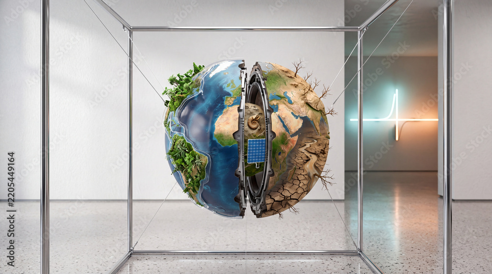 Obraz premium Conceptual art of Earth split in two halves showing a healthy green planet versus a dry cracked desert due to climate change, highlighting environmental protection and global warming crisis.