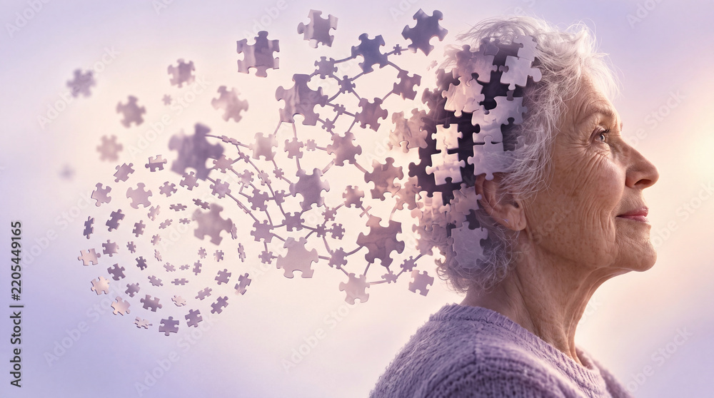 Obraz premium Conceptual Illustration of an Elderly Woman Experiencing Memory Loss or Dementia with Jigsaw Puzzle Pieces Dissolving from Her Head Representing Cognitive Decline and Mental Health Awareness