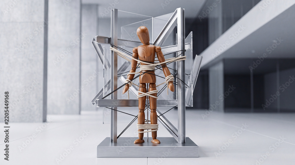Obraz premium Conceptual Image of a Wooden Mannequin Tied with Ropes to a Metal Structure in a Modern Office Hallway, Representing Financial Debt, Banking Constraints, and Economic Pressure