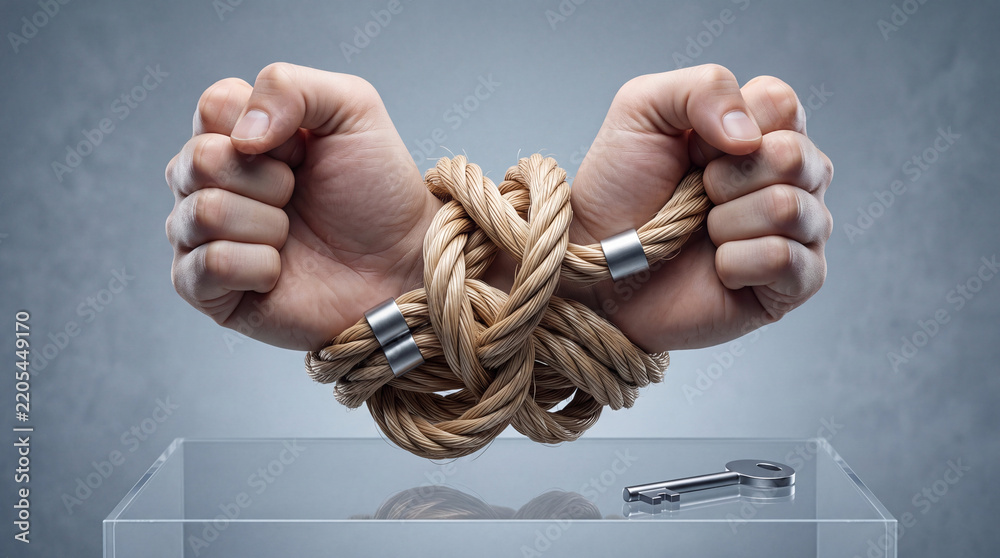 Obraz premium Metaphorical Image of Human Hands Tied with Thick Rope and Clenched Fists Over a Clear Glass Box Containing a Silver Key, Representing Financial Debt, Legal Restraint, and Finding a Solution.