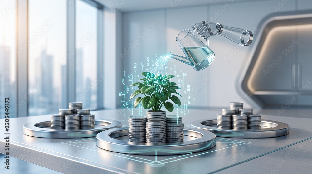 Obraz premium Robotic hand watering a green plant growing from stacks of silver coins in a futuristic office, conceptual representation of artificial intelligence in financial growth and investment.